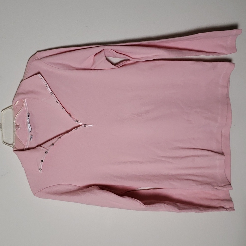 Cutter and buck pink long sleeve ribbed Henley shirt, snaps, cotton stretch Sz L